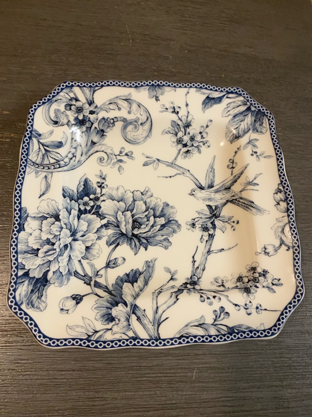 222 Fifth Adelaide Blue  Floral Square Porcelain Plate